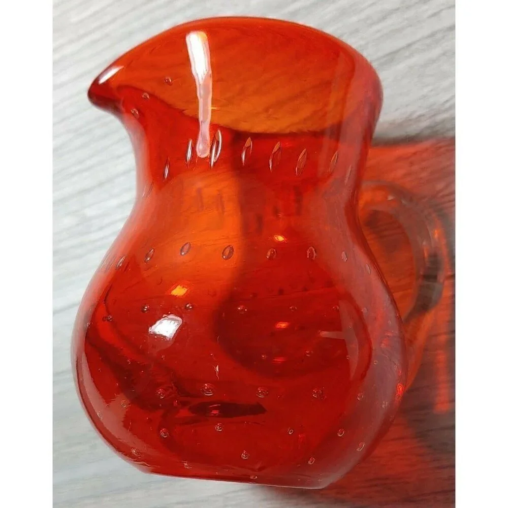 Lefton Red Glass Controlled Bubbles Creamer Hand Blown Mini Pitcher Handle VTG